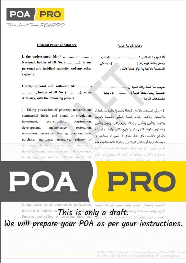 Business and Assets Purchase Power of Attorney Dubai Legal draft of a Power of Attorney for Bank Account Opening in Dubai
